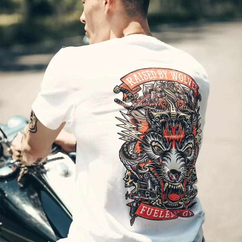 European and American Heavy Motorcycle T-shirt Men's Retro Rock Band Punk Short sleeved Motorcycle Club Wolf Totem Back Pattern
