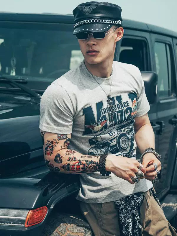 越野吉普短袖t恤男纯棉户外潮流印花设计图案健身运动宽松大码tee