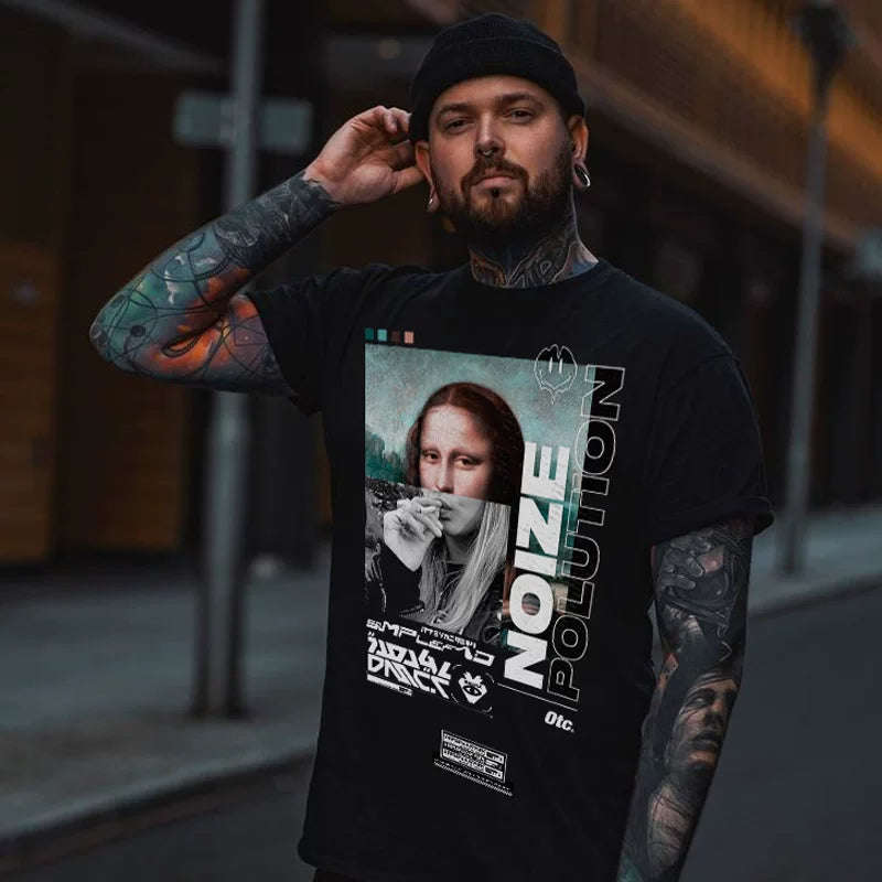 Short sleeved men's trendy brand t-shirt couple trend men's pure cotton versatile loose personality Mona Lisa oil painting design men
