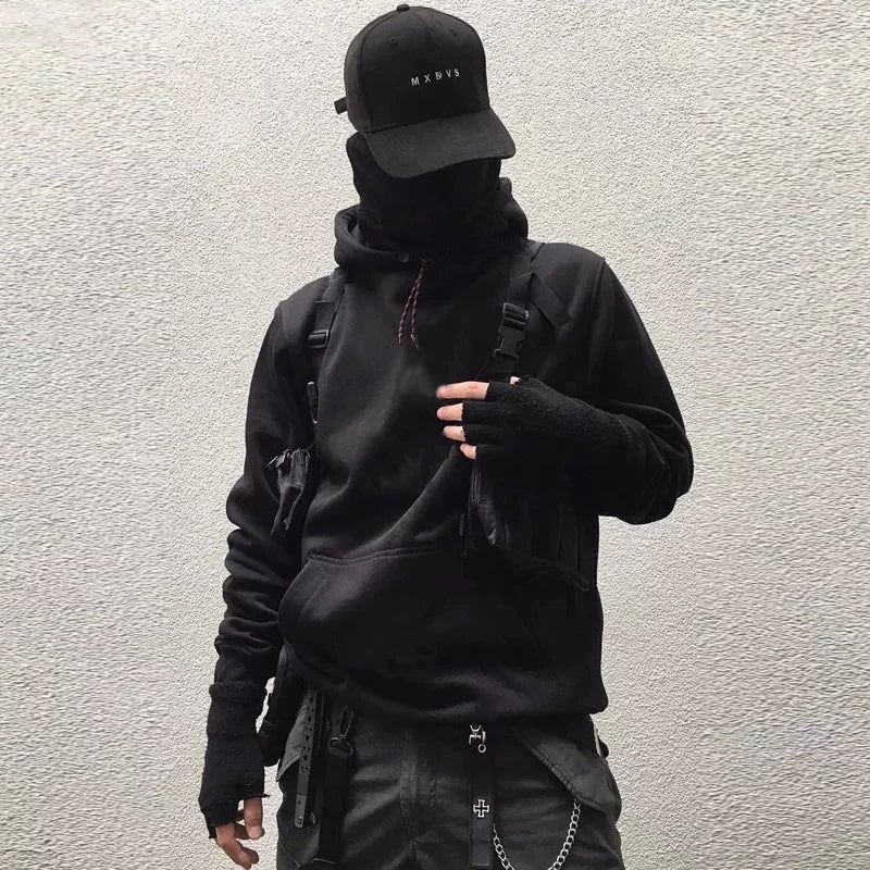 European and American hooded solid color hoodie men's hip-hop loose plus size cyberpunk ninja thick pullover sports hoodie trend