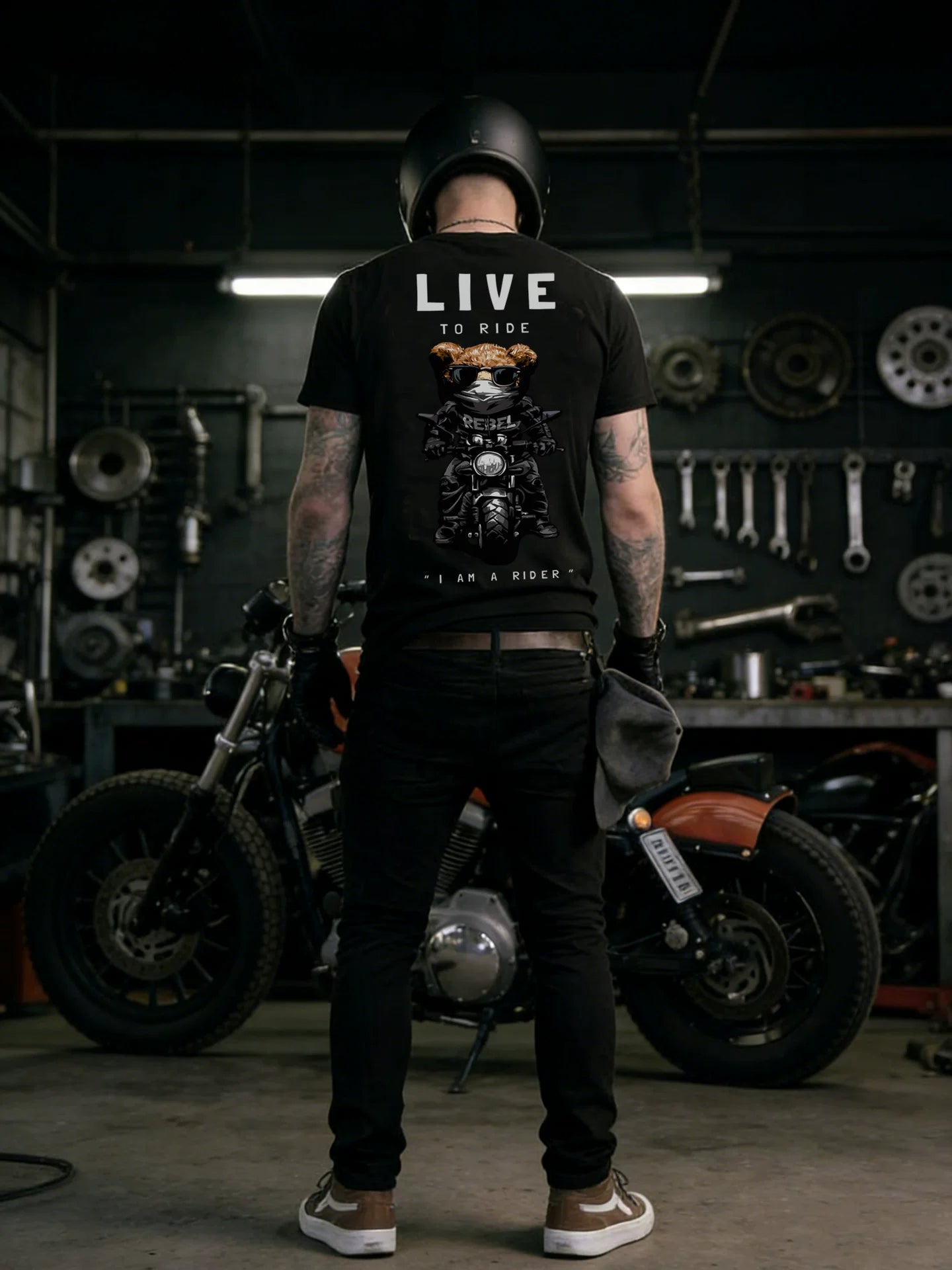 Trendy cartoon teddy bear motorcycle American street motorcycle style printed short sleeved T-shirt men's black trendy brand loose TEE
