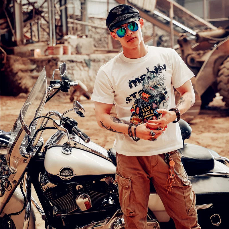 European Rock Music Punk Style Teenage Rebellious Band Trendy Cat Couple T-shirt Short Sleeve Trendy Brand Japanese