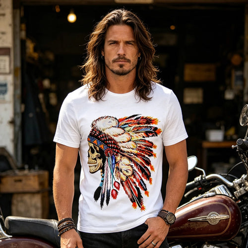 American Trendy Punk Rock Hip Hop Western Cowboy Primitive Indian Head Skull Short Sleeve T-shirt Male