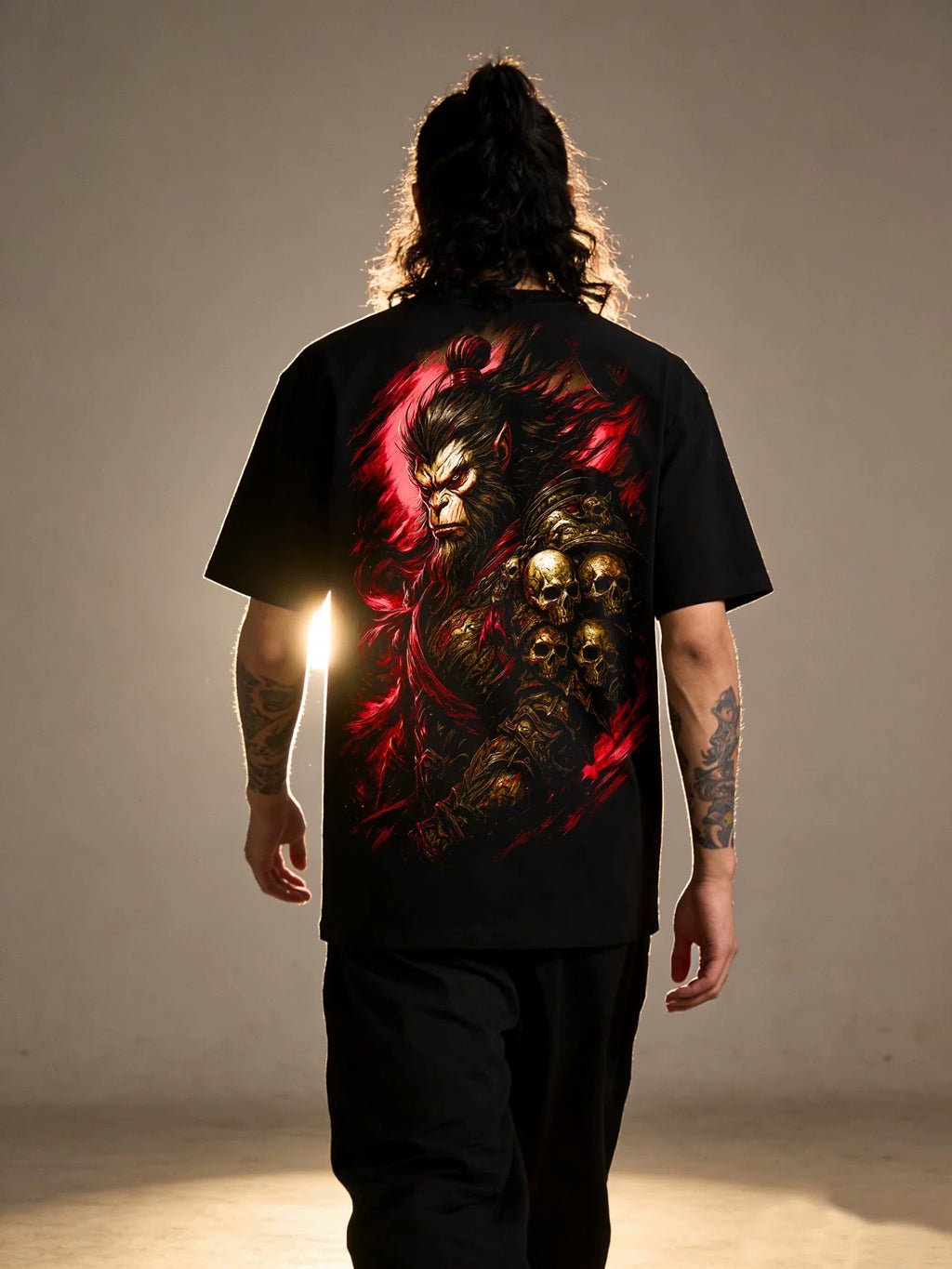 Dark 3D Animation Myth Wukong Printed Short Sleeve T-shirt Black Loose Heavy Weight Cotton Traditional China-Chic