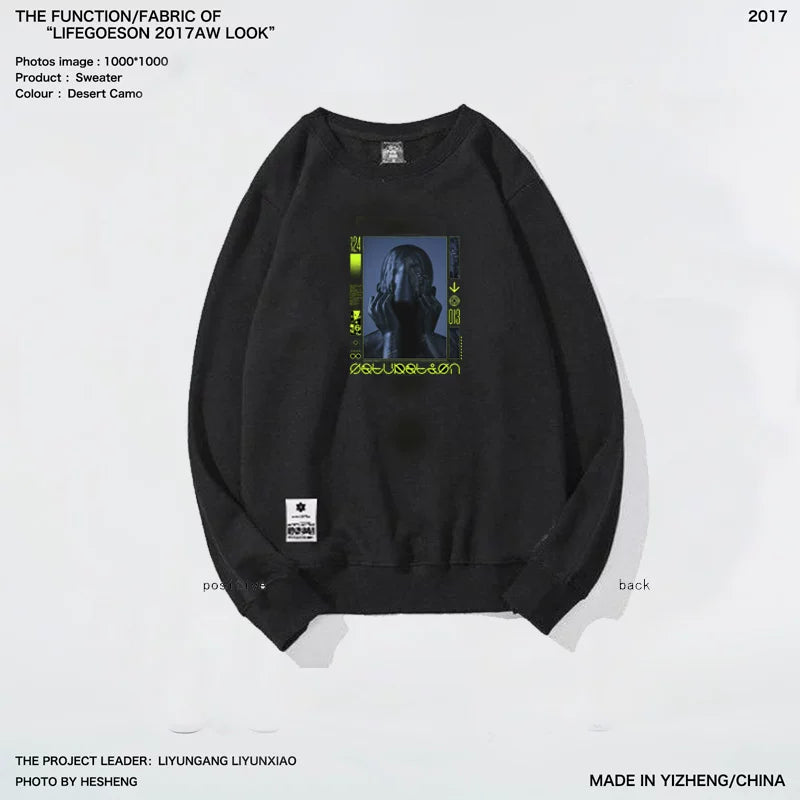 Dark High Street European and American style personalized trendy brand round neck sweatshirt for men, Harajuku style functional style cyberpunk style print