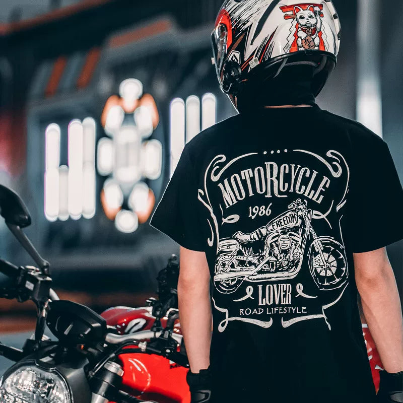 Heavy duty Amikaji American retro round neck short sleeved T-shirt with trendy motorcycle print for young men, half sleeved T-shirt