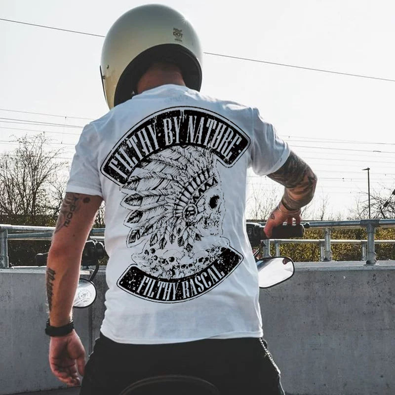 American retro Amis khaki style Western cowboy Indian skeleton motorcycle men's short sleeved T-shirt Heavy duty thick pure cotton