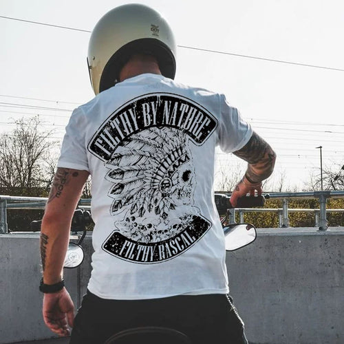American retro Amis khaki style Western cowboy Indian skeleton motorcycle men's short sleeved T-shirt Heavy duty thick pure cotton