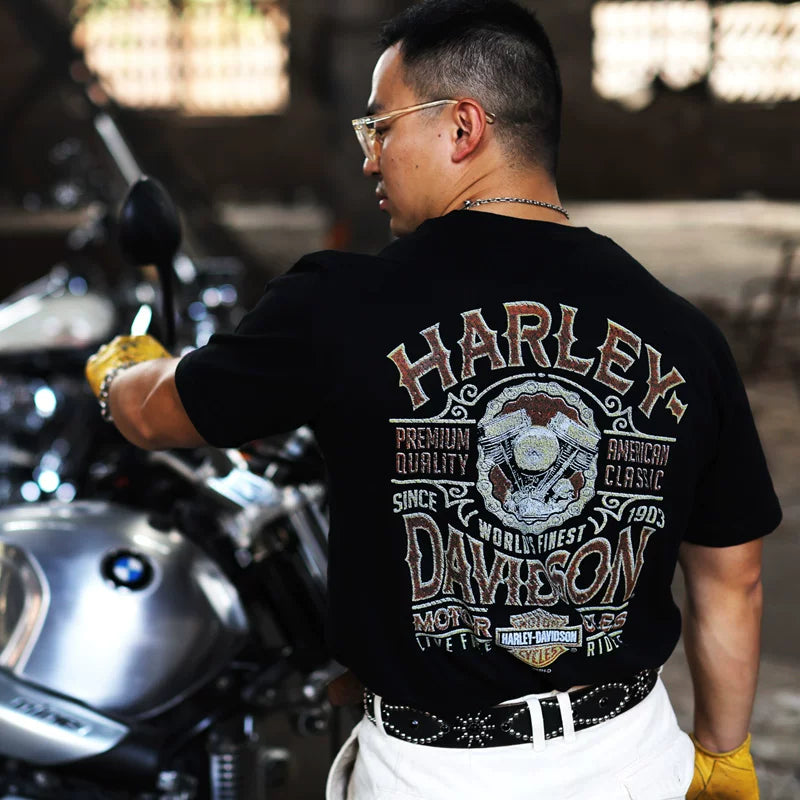 Japanese tough guy motorcycle demon wings printed short sleeved men's t-shirt ins European and American retro trendy brand rock cotton half sleeve