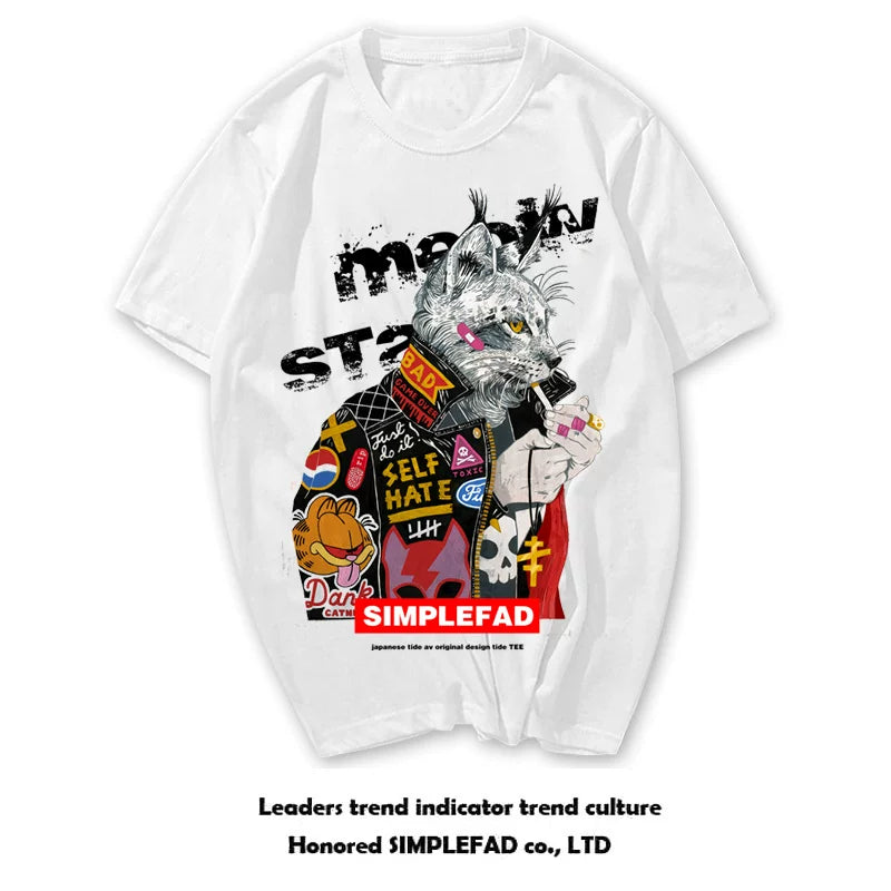 European Rock Music Punk Style Teenage Rebellious Band Trendy Cat Couple T-shirt Short Sleeve Trendy Brand Japanese