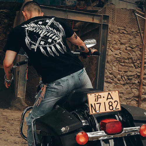 American Amikaji Motorcycle Wind Motorcycle Rider Native American Primitive Retro Eagle Feather Crown Short sleeved T-shirt Male