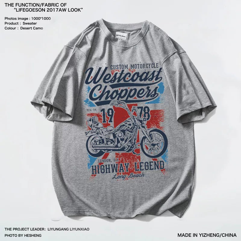 European and American style British retro motorcycle print pure cotton loose summer men's round neck short sleeved T-shirt base shirt youth trendy brand