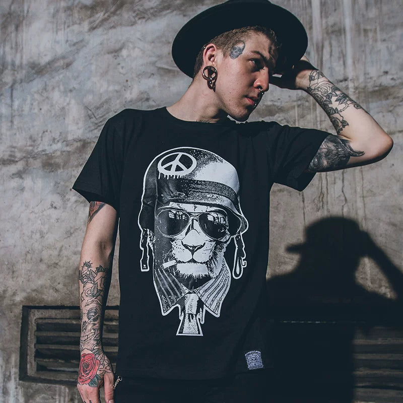 Original Trendy Brand China-Chic Anti war Peace Poker Vintage Make Old Cheap Cat 3D Print Rock Band Men's Short Sleeve T-shirt