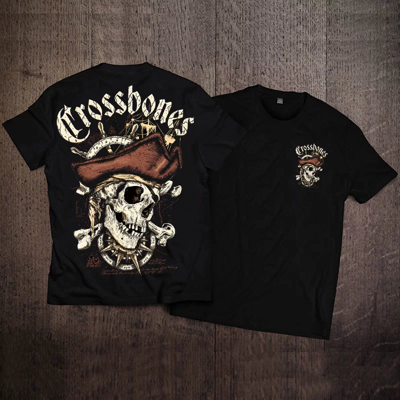 American street fashion brand skeleton pirate cat print short sleeved t-shirt for men and women casual retro lazy style loose couple