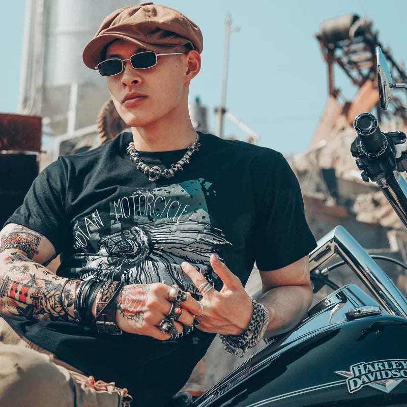 American American, European and American Indian fashion brand short sleeved trendy men's T-shirt pure cotton motorcycle motorcycle punk skull rock