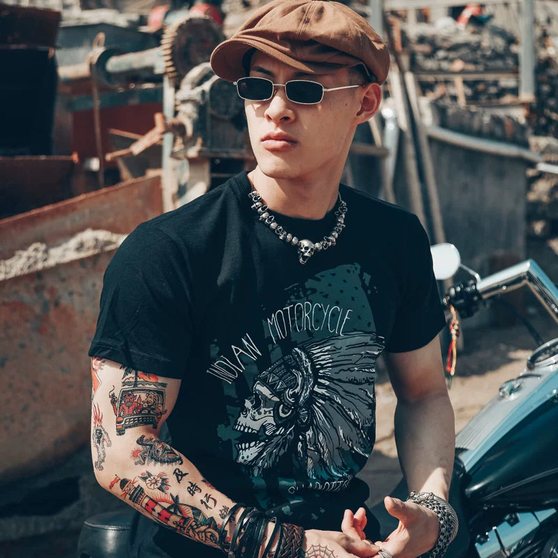 American American, European and American Indian fashion brand short sleeved trendy men's T-shirt pure cotton motorcycle motorcycle punk skull rock