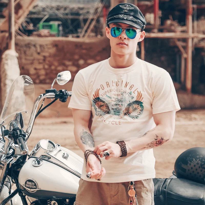 European and American trendy short sleeved West Coast street retro Amikaji motorcycle Western denim T-shirt skull print for men