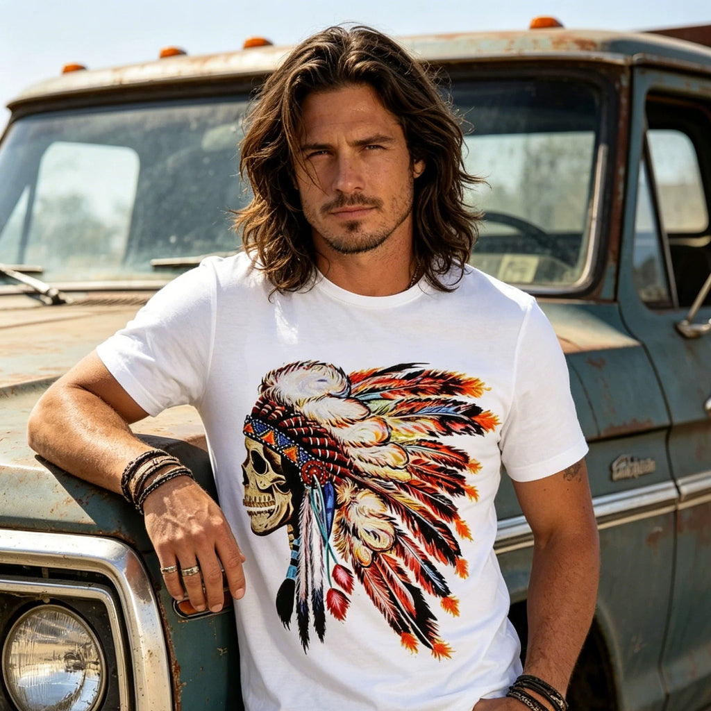 American Trendy Punk Rock Hip Hop Western Cowboy Primitive Indian Head Skull Short Sleeve T-shirt Male