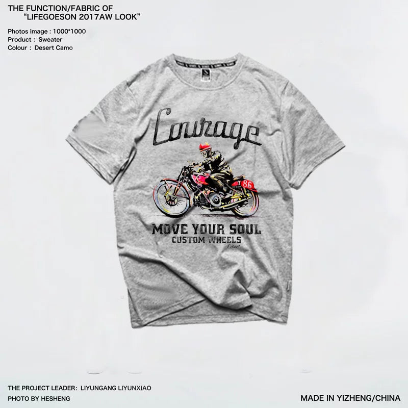 Hand drawn European and American motorcycle racing, mobile phone car printing pattern, pure cotton trendy short sleeved T-shirt, off-road riding MOTO
