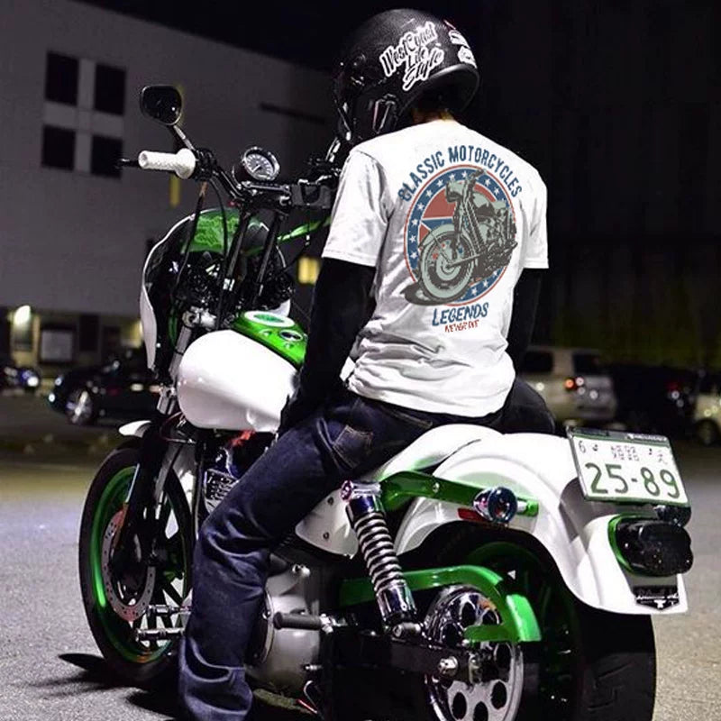 Heavy duty nostalgic short sleeved T-shirt for men in summer, made of pure cotton with retro motorcycle printing, featuring a shoulder round neck and half sleeved T-shirt for men