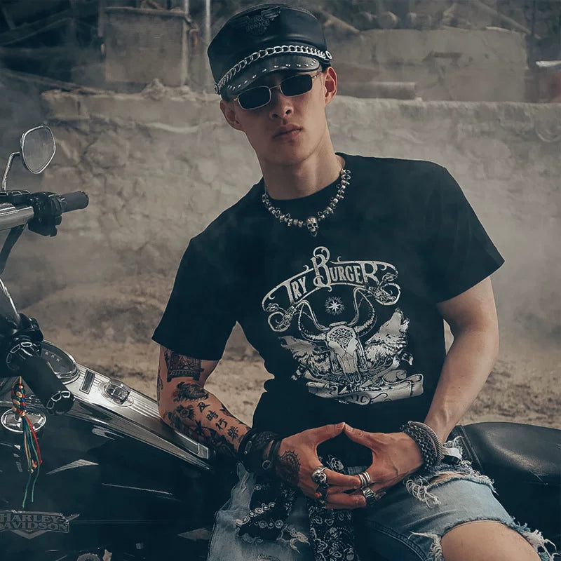 American Amikaji Motorcycle Wind Motorcycle Rider Native American Primitive Retro Eagle Feather Crown Short sleeved T-shirt Male