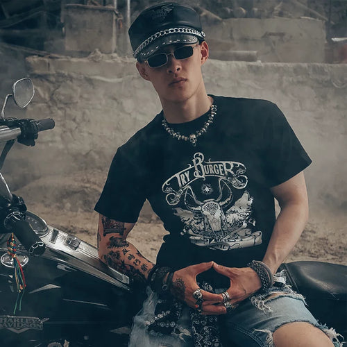 American Amikaji Motorcycle Wind Motorcycle Rider Native American Primitive Retro Eagle Feather Crown Short sleeved T-shirt Male