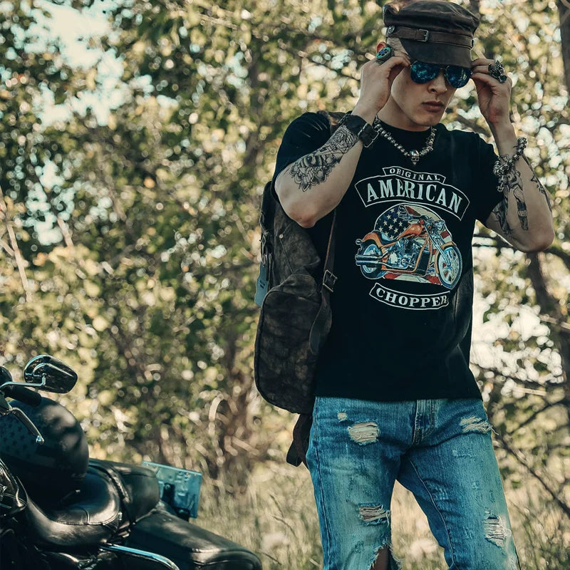 European and American style short sleeved t-shirt, Amekage print, skull head, rock, motorcycle, rider, street heavy motorcycle, male