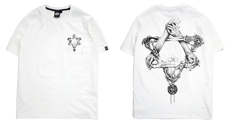 Pioneer Dark Designer High Street Rock Tattoo Hairstylist Tattoo Skeleton Rock Pentagram Short Sleeve T-shirt Male