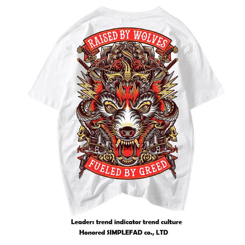 European and American Heavy Motorcycle T-shirt Men's Retro Rock Band Punk Short sleeved Motorcycle Club Wolf Totem Back Pattern