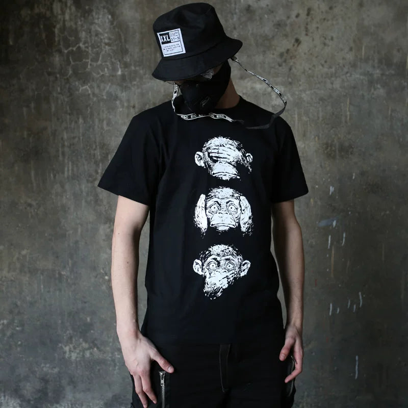 European and American street punk Japanese trendy brand Harajuku T-shirt cartoon monkey t-shirt rock monkey head short sleeved men's plus size