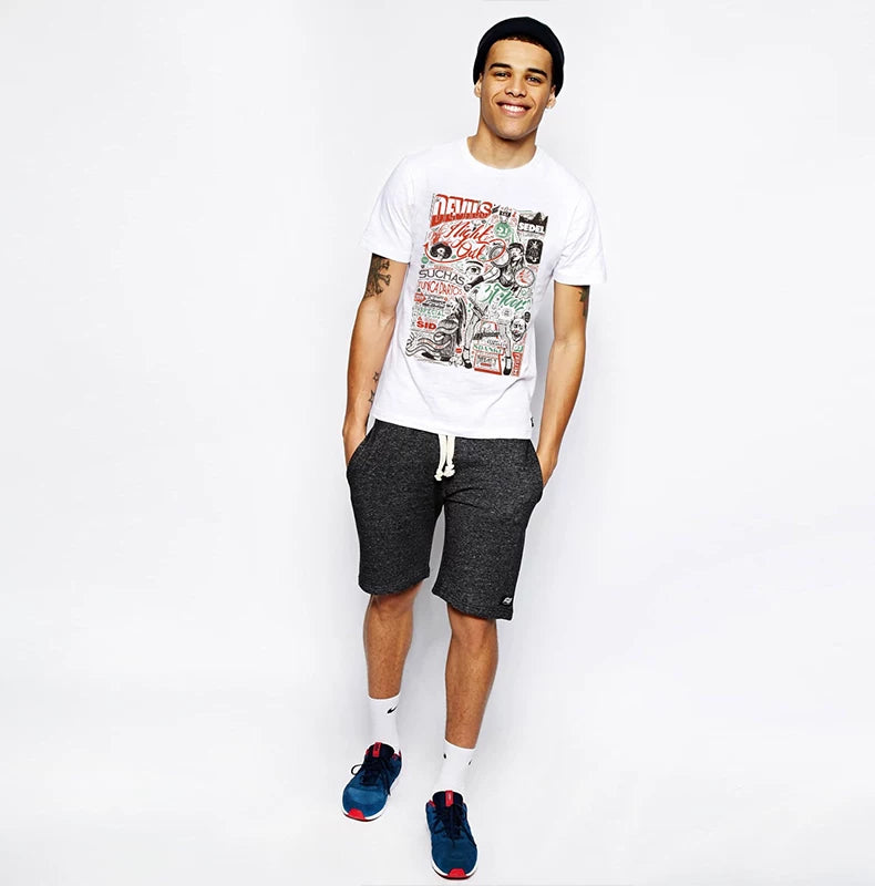 European and American high street fashion brand original designer hand drawn illustration graffiti English rock abstract beauty short sleeved T-shirt for men