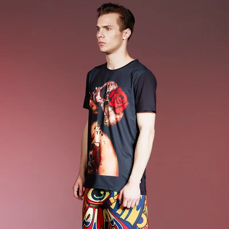 European and American New Dark Gothic Trendy Brand Beauty Skull Personalized Printed Men's Short sleeved Round Neck T-shirt Loose Summer