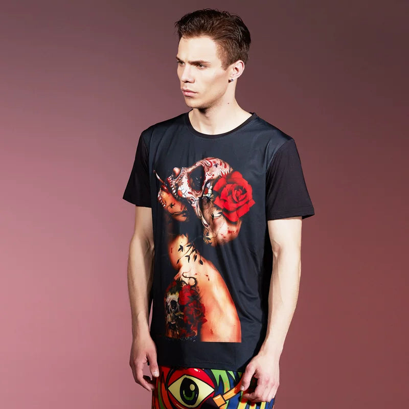 European and American New Dark Gothic Trendy Brand Beauty Skull Personalized Printed Men's Short sleeved Round Neck T-shirt Loose Summer