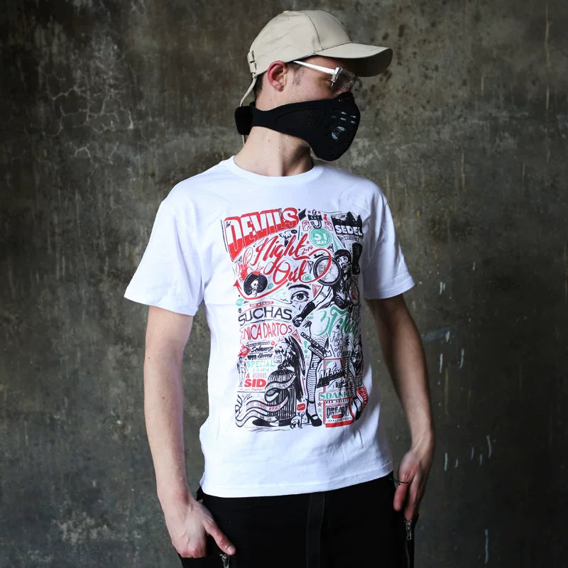 European and American high street fashion brand original designer hand drawn illustration graffiti English rock abstract beauty short sleeved T-shirt for men