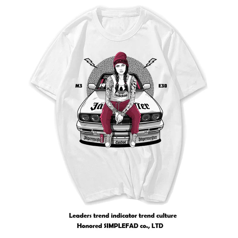 European and American style tattoos, tattooed arms, flower arms, motorcycle, teenage racing, short sleeved T-shirts, men's and women's retro Amis khaki trend