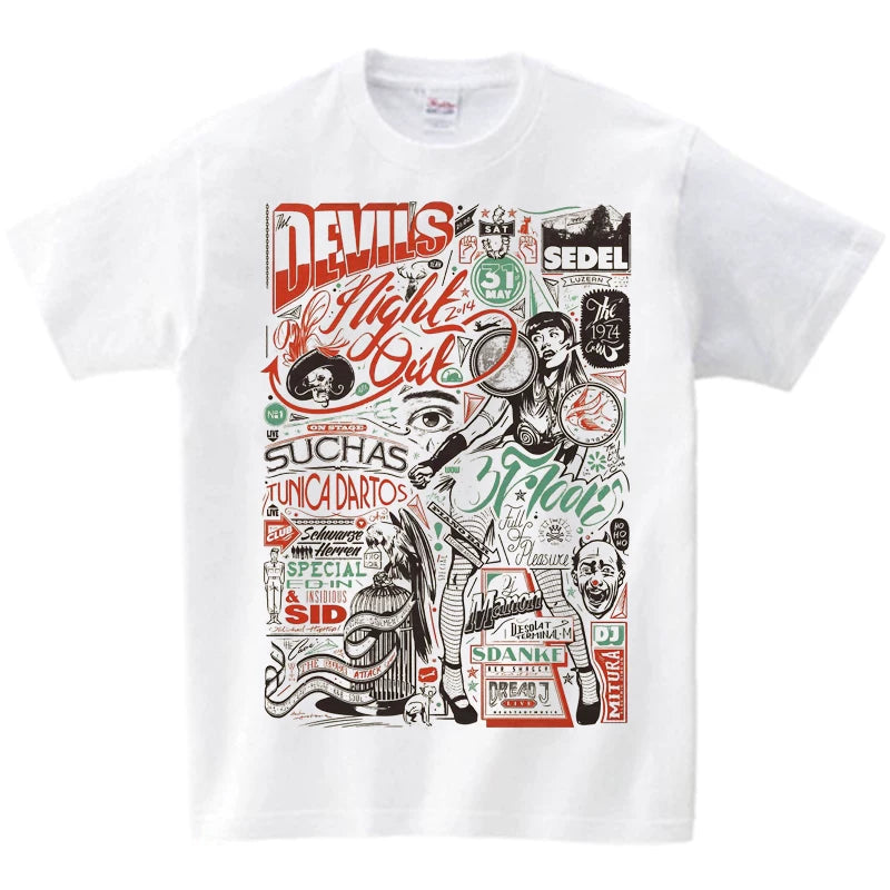 European and American high street fashion brand original designer hand drawn illustration graffiti English rock abstract beauty short sleeved T-shirt for men