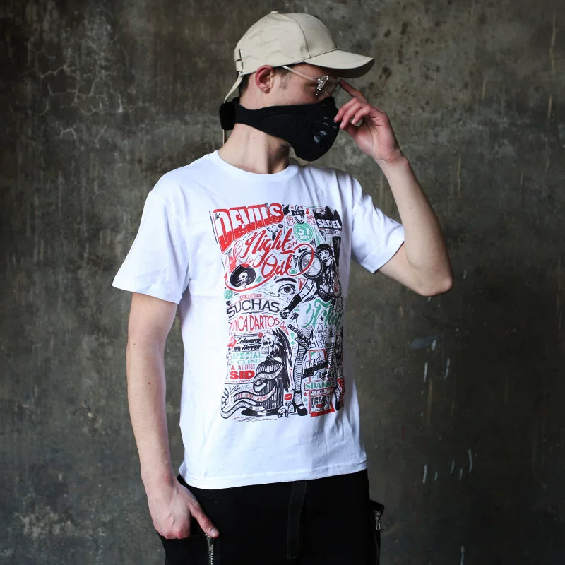 European and American high street fashion brand original designer hand drawn illustration graffiti English rock abstract beauty short sleeved T-shirt for men