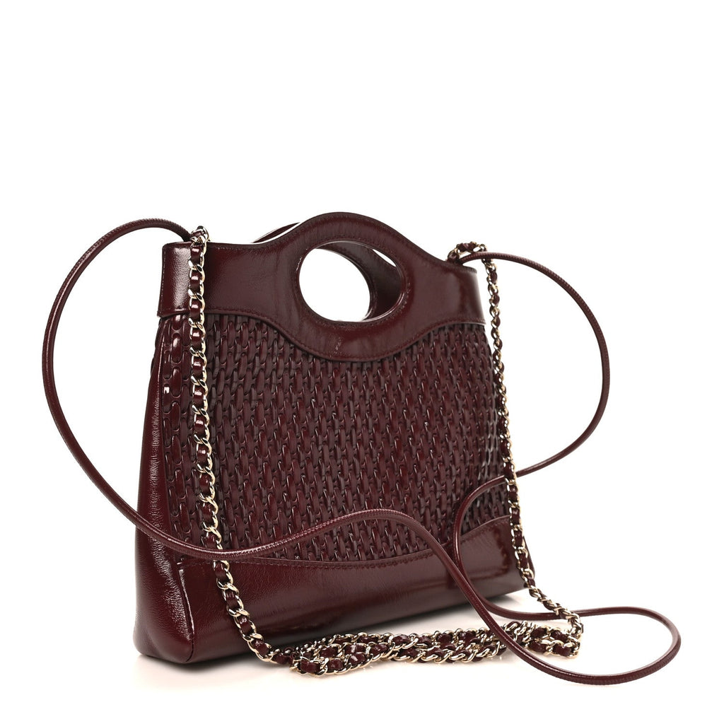 Shiny Lambskin Patent Calfskin Quilted Mini 31 Shopping Bag Dark Burgundy