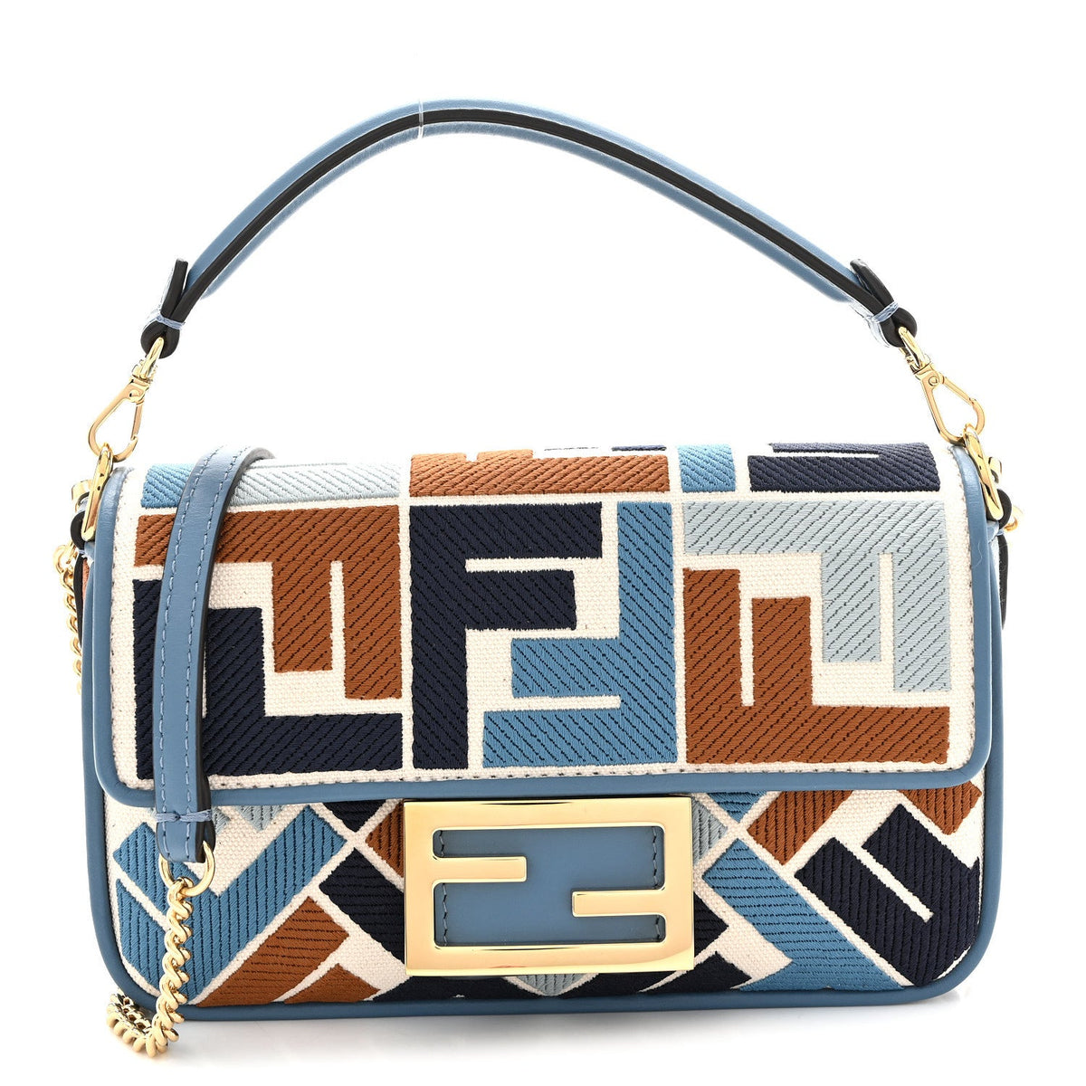 Canvas Vitello King Seta FF Embroidered Mini Baguette Blue Multicolor