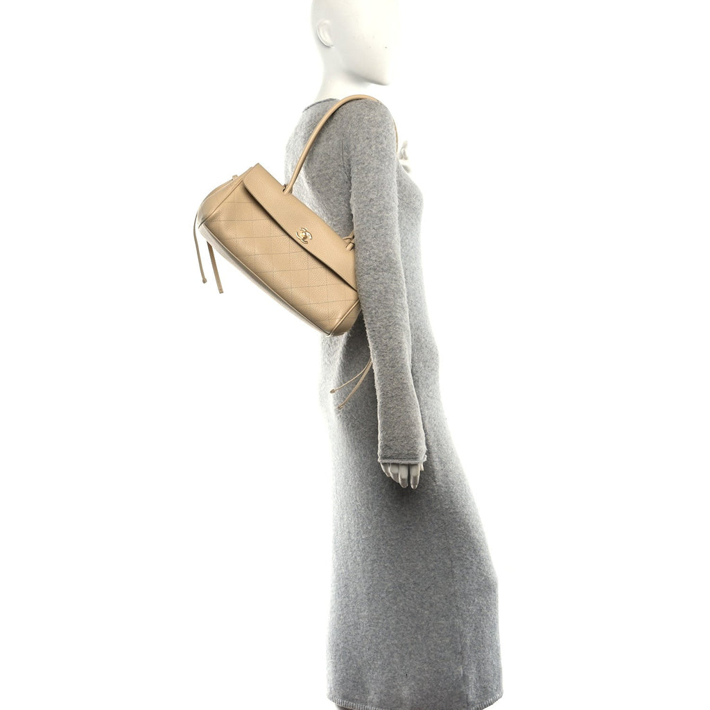 Grained Calfskin Stitched Urban Essentials Small Shopping Bag Beige