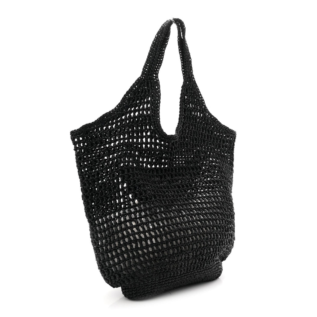 Yarn Raffia Effect Crochet Logo Embroidered Shopping Tote Bag Black