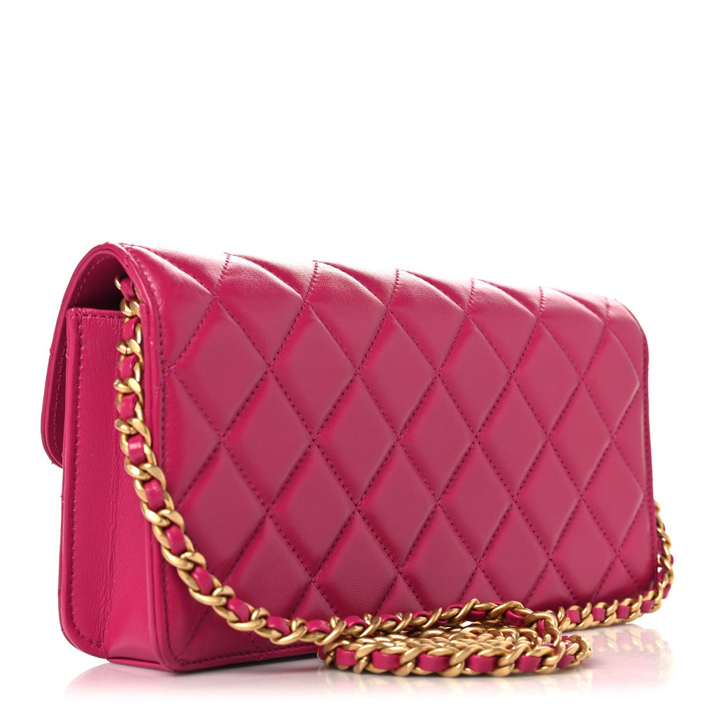 Shiny Lambskin Quilted Flap Clutch Bag Dark Pink