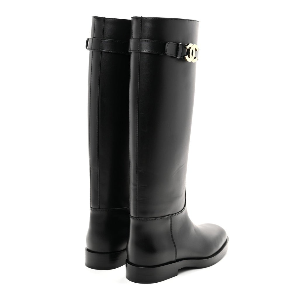 Calfskin CC Buckle High Boots 38 Black