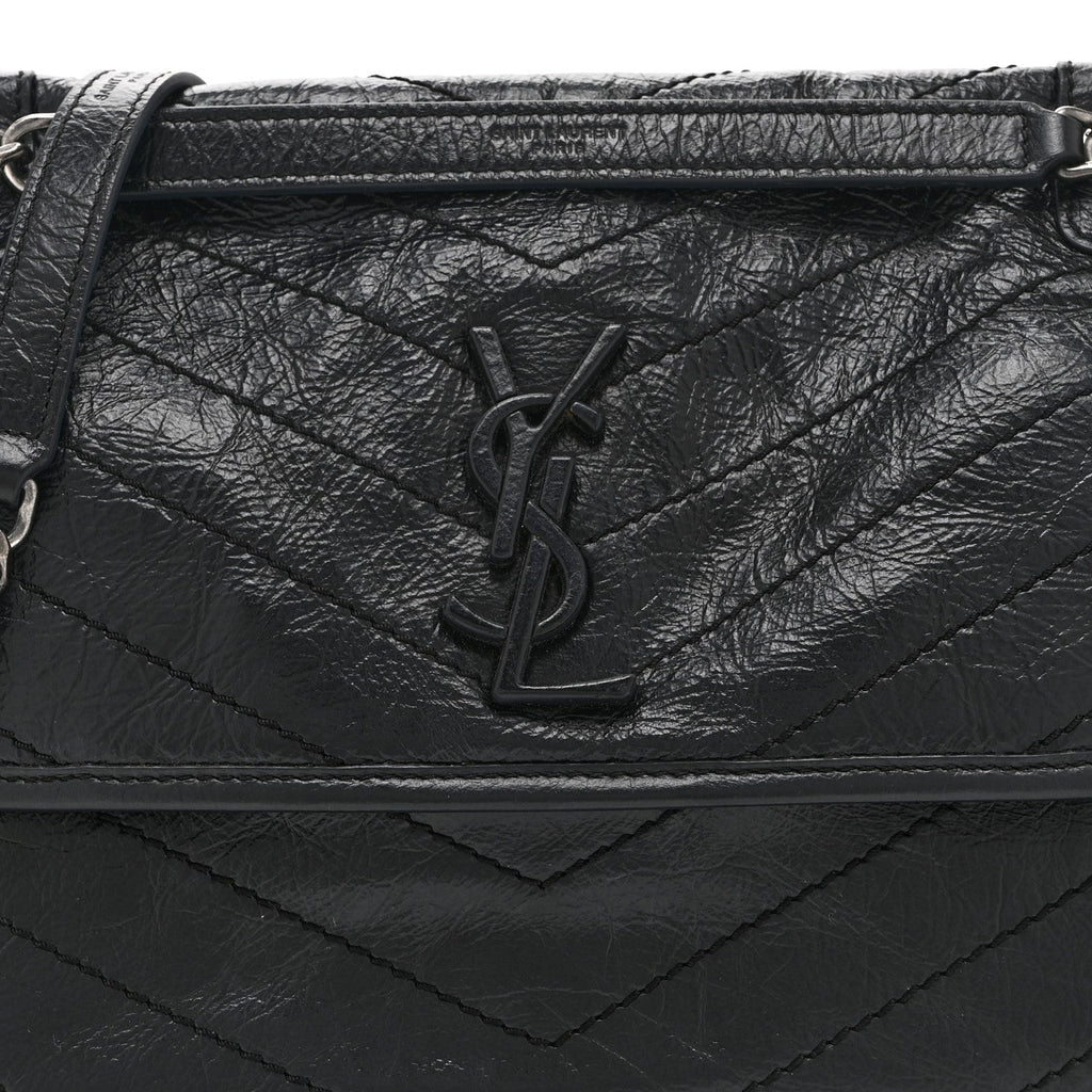 Crinkled Calfskin Matelasse Monogram Medium Niki Chain Satchel Black