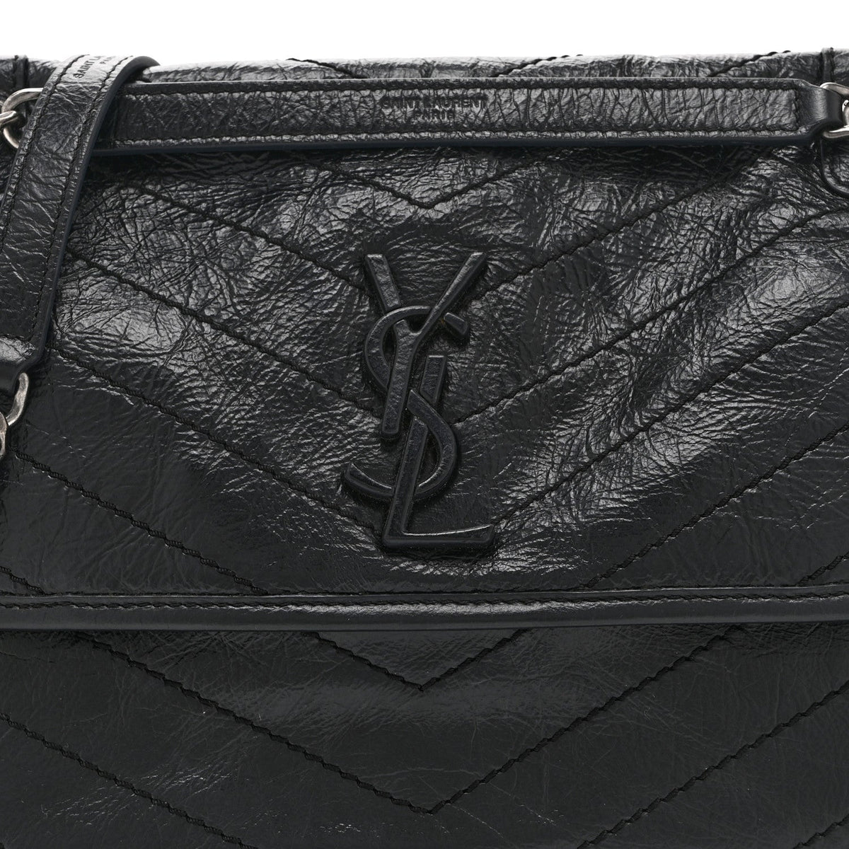 Crinkled Calfskin Matelasse Monogram Medium Niki Chain Satchel Black