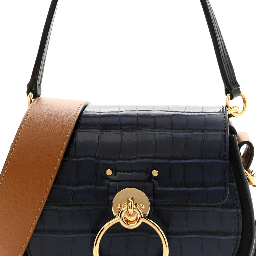 Calfskin Crocodile Embossed Small Tess Bag Full Blue
