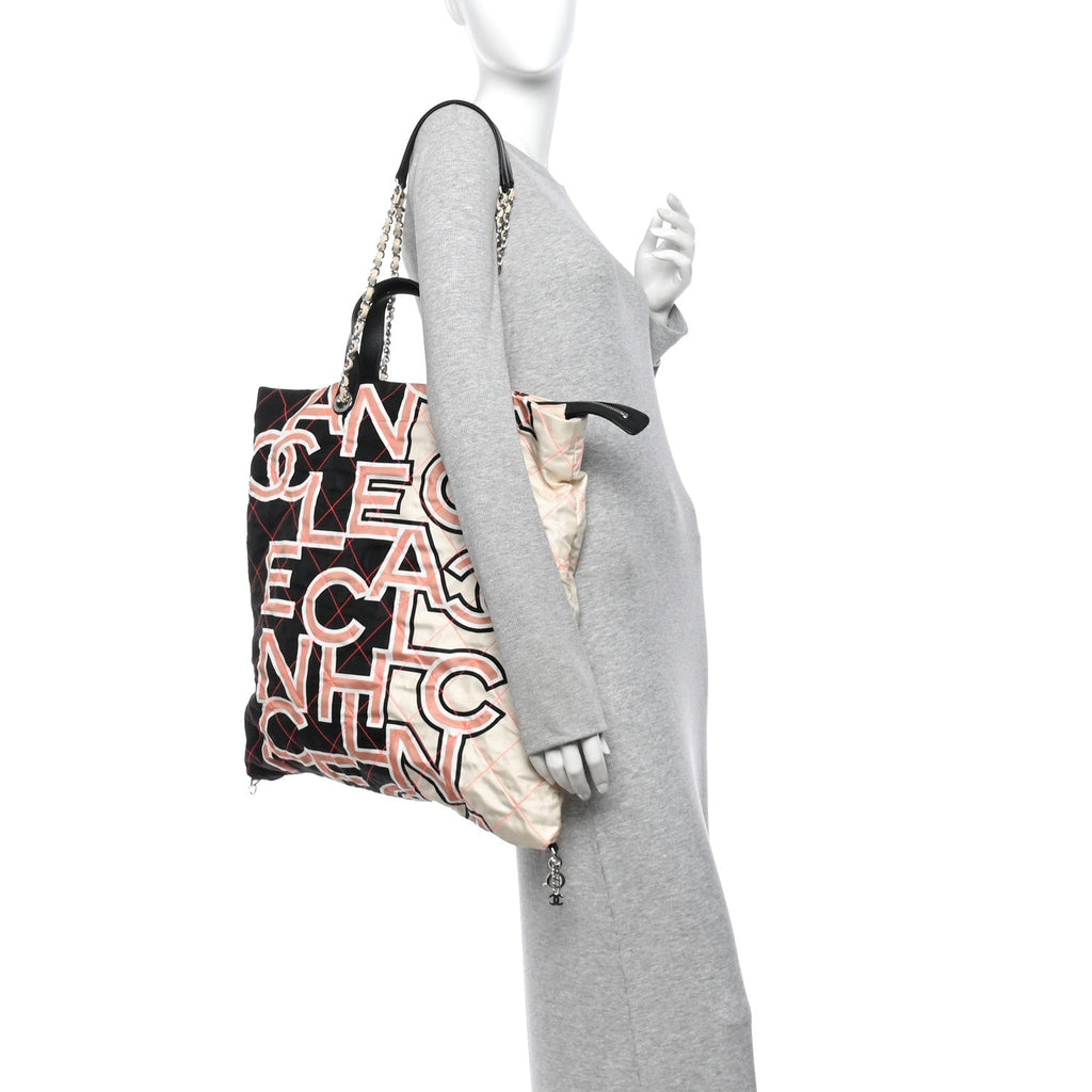 Nylon Stitched Printed Logo Shopping Bag Black White