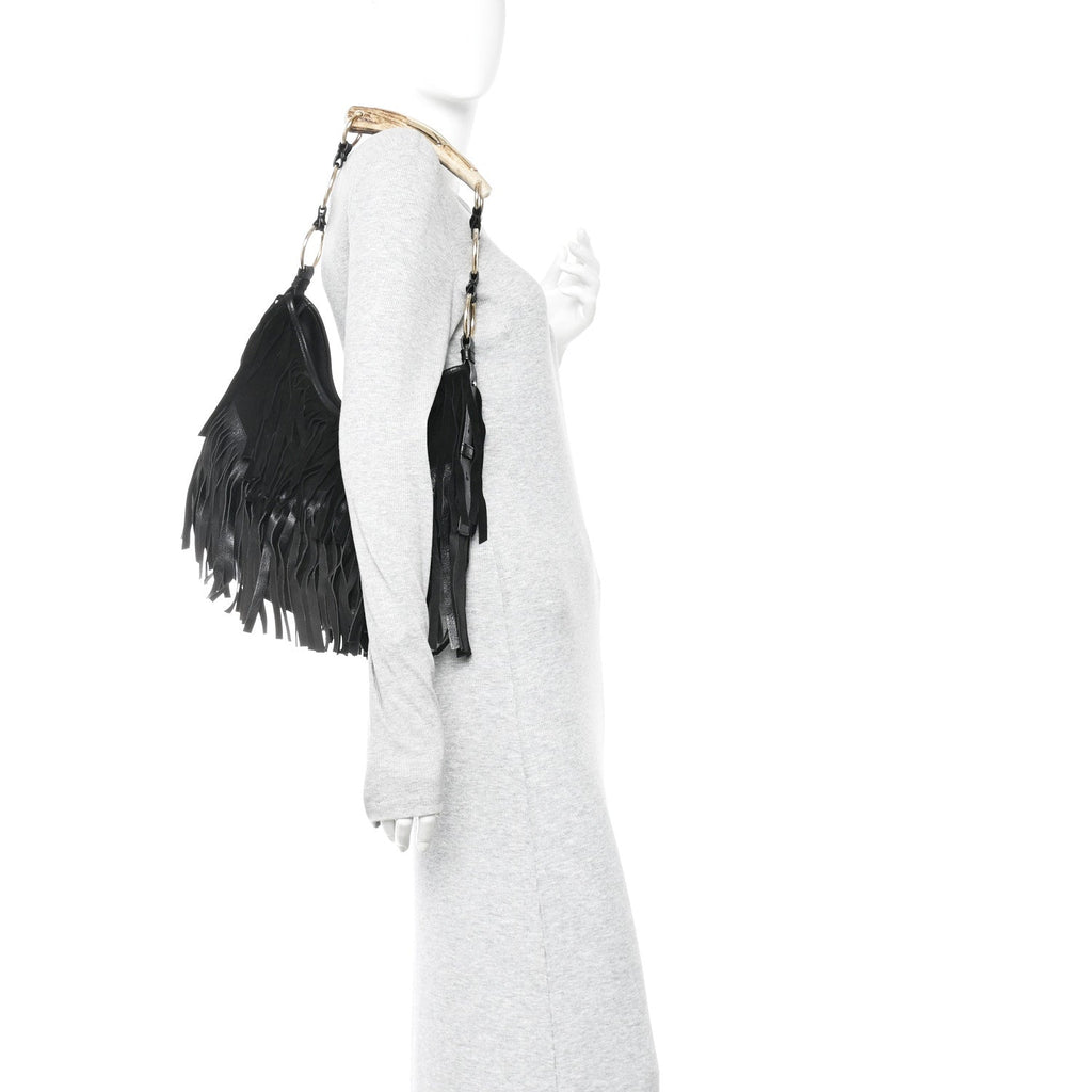 Suede Calfskin Fringe Buffalo Horn Mombasa Hobo Black