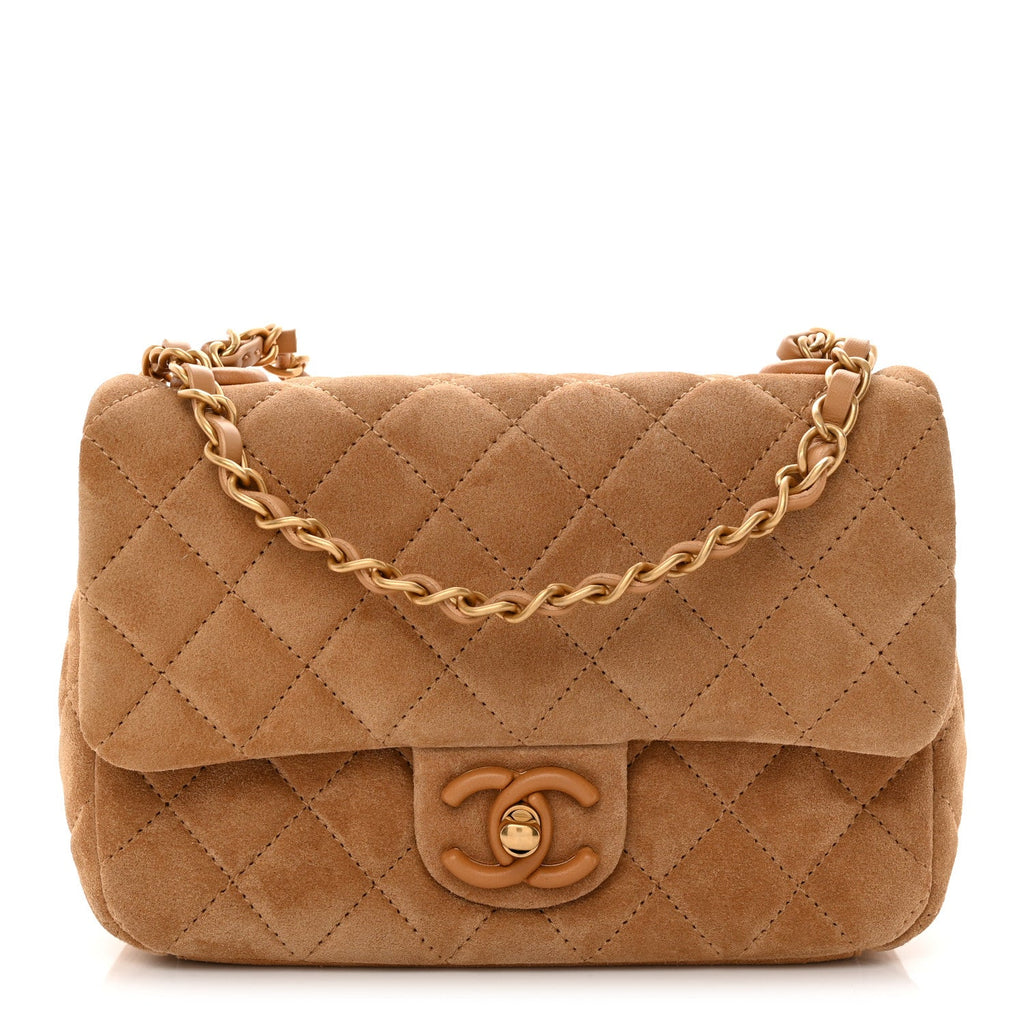 Suede Quilted Mini Flap Dark Beige