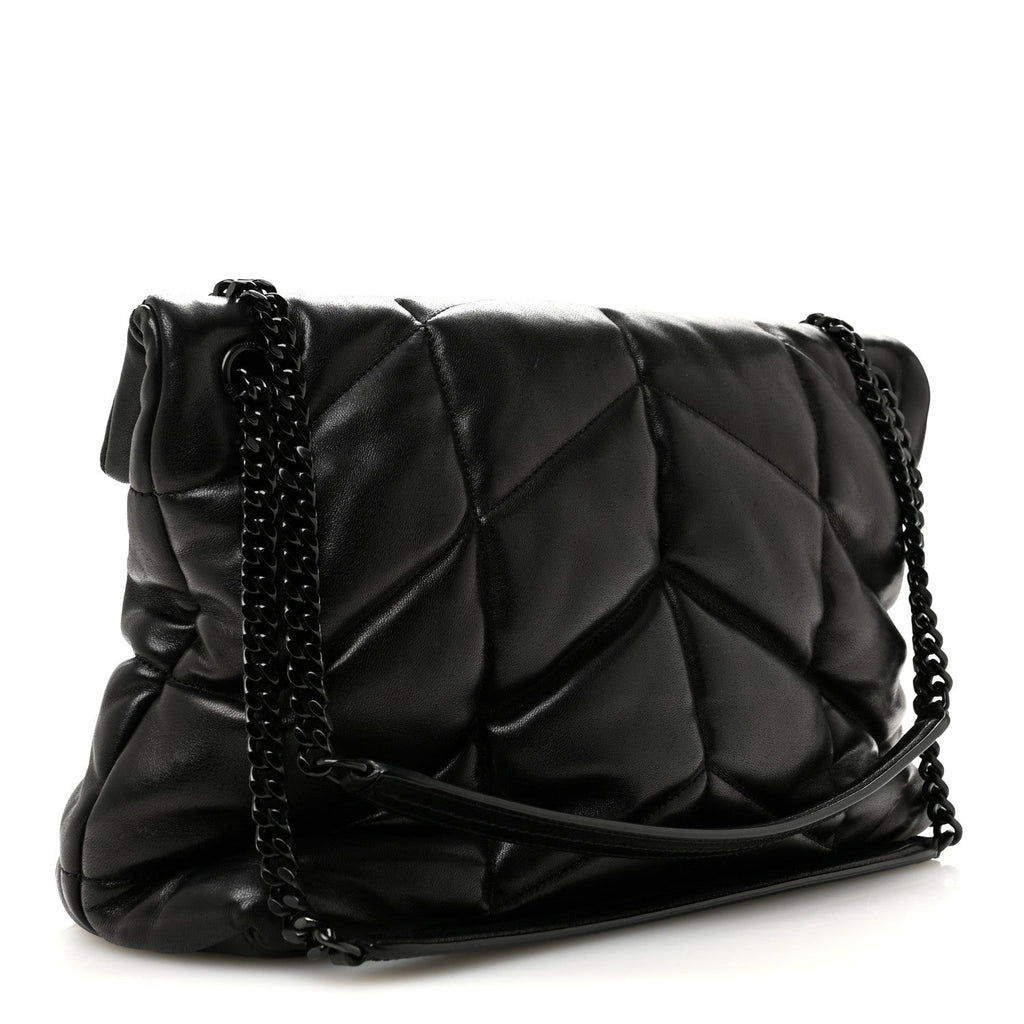 Lambskin Quilted Monogram Monochrome Medium Loulou Puffer Chain Satchel Black